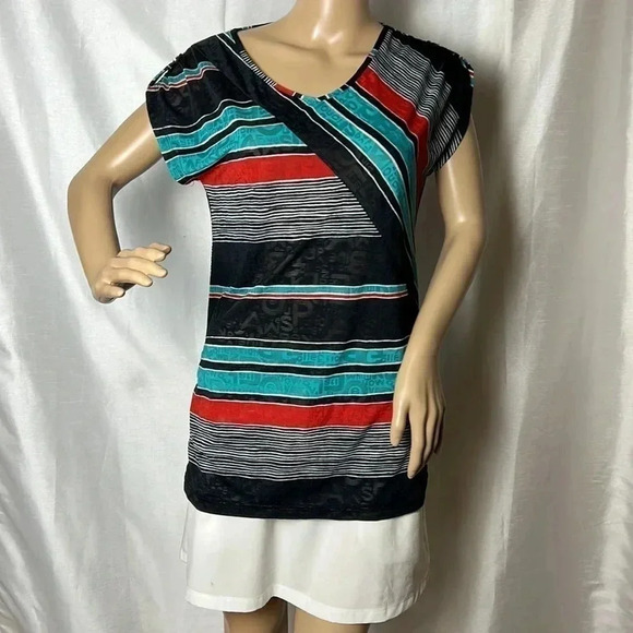 LE GRENIER Y2K,Multicolored,striped,lace,short sleeve top,retro,preppy,70 s vibe - Picture 2 of 13